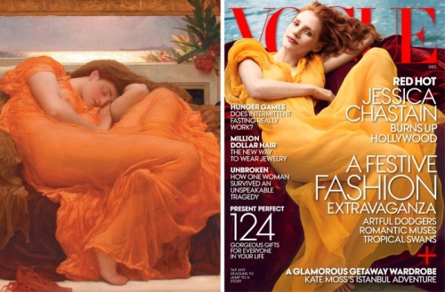 Vogue’s Jessica Chastain photoshoot Painting: Flaming June by Frederic Leighton For 