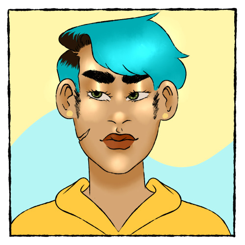 queertazsecretsanta:[ID: two drawings. the first is a portrait of hollis, a person with tan skin and