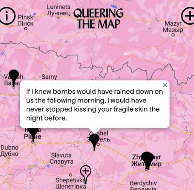 Screenshot from Queering the Map, the mark in Zhytomyr region I Ukraine, saying 