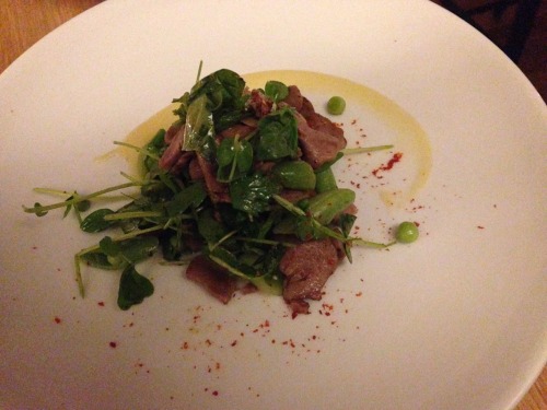 warm lamb’s tongue salad and Berkshire pork chop. the finch. brooklyn, ny.