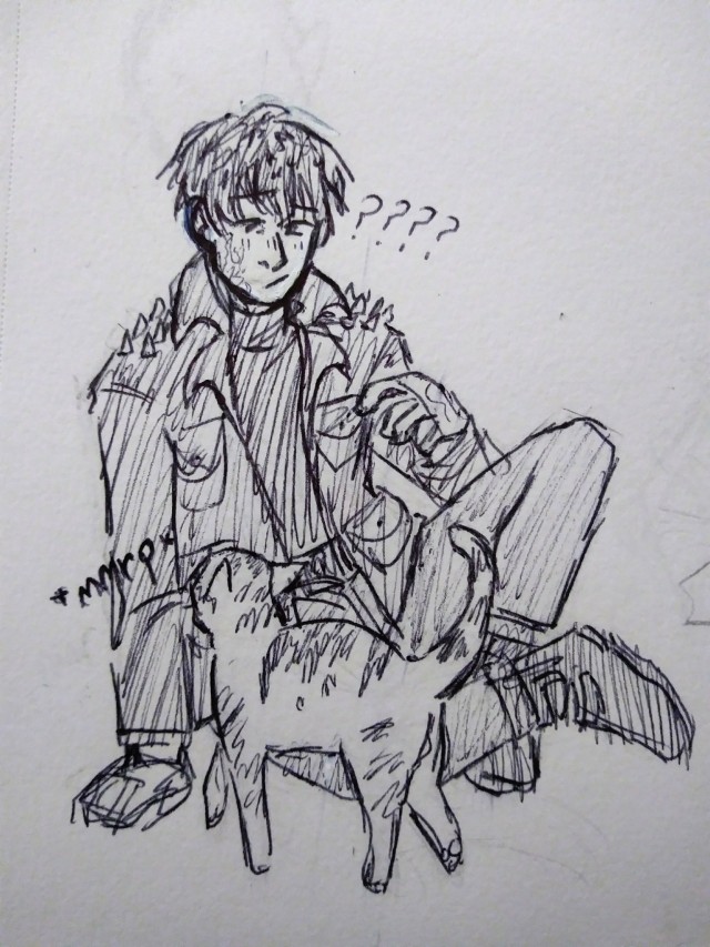 A pen drawing of Sasha Rackett, she is a short haired woman with a burn scar on her face wearing a studded leather jacket. She is sitting on the ground looking confused with a cat rubbing against her.