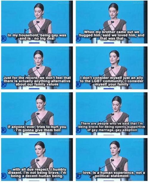 Anne Hathaway Speaks on Her Support of Gay Rights and Gay AdoptionAccepting an award from the Human 