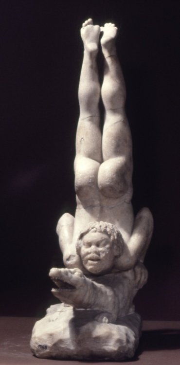 ancientpeoples:  Statue of an Acrobat on a Crocodile 1st Century BC - 1st Century AD Roman (Source: The British Museum) 
