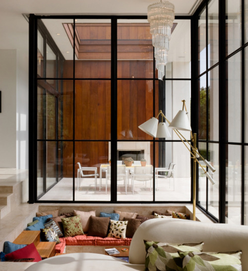 {Glass Act. Love the dark-mullions on these glass dividers - whether they’re windows or doors 