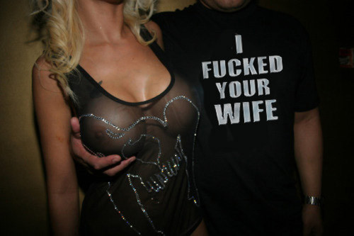 cuckoldscams:  Your wife and her lover think it’s funny to have him wear this out to the bar with you guys. 
