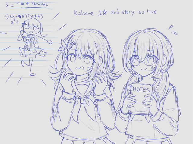 an uncolored digital drawing of minori and kohane from project sekai. minori has a panicked face and raised hands, and is looking at a doodle of minori in her idol outfit on lined paper along with some half-finished math formulas. kohane is smiling awkwardly and holding up a notebook. a handwritten caption says, "kohane 1 star 2nd story so true".