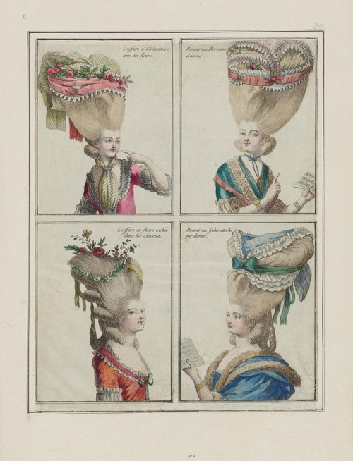 French fashion plates of hairstyles and headdresses, 1778