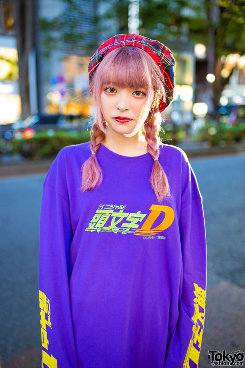 Hiyori on the street in Harajuku wearing a HEIHEI Harajuku x Initial D long sleeve shirt with a HEIH