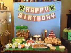 satinhands:  kellyskeychains:  My son’s 5th birthday Minecraft party!  We had Minecraft music playing, game themed crafts and a fun “Punch the Wood” pinata tree.  He had a blast! Banner was printable and free as were the patterns for the torches.