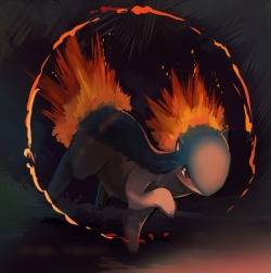 youngjusticer:  This volcano Pokemon is 2’11&quot; and weighs about forty-two. “Quilava&quot; is qull + lava (magma that flows out of a volcano), and it is #156 in the Pokedex. Flame Wheel, by salanchu.