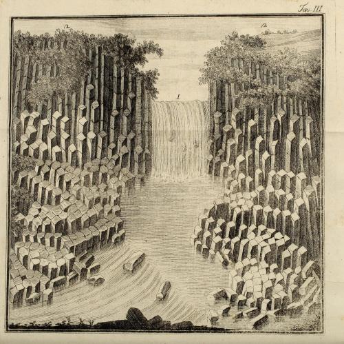 An illustration of basalt rock formations in Monte Bolca from Giovanni Battista Gazzola’s Lettere re