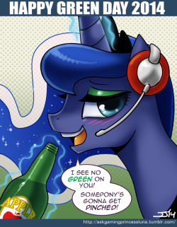 askgamingprincessluna:  &ldquo;Make sure you have some green on you and drink responsibly!&rdquo; ~ Luna  x3!