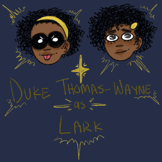 A full page close up of Duke's faces from the first image. The face with the mask is grinning and sticks his tongue out playfully. The one without the mask looks more nervous but is still smiling. Below the faces is text reading "Duke Thomas-Wayne as Lark"