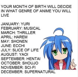 zombiepenguins:  nate-river-but-call-me-near:  meefgal:  habitmademedoit:  rebellinginprogress:  shoujocaps:  What genre were you born in? source  I got Sci-Fi! kinda wish it was august  Supernatural.  Yuri. I guess it makes sense! X’D  DUH DUHH DUHHH