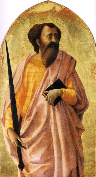 Masaccio (1401-1428), Polittico di Pisa (Pisa Altarpiece), 1426. Upper register - Saint Paul of Tarsus, tempera on gold ground and wood panel, 51x30 cm; Museo Nazionale di San Matteo, Pisa