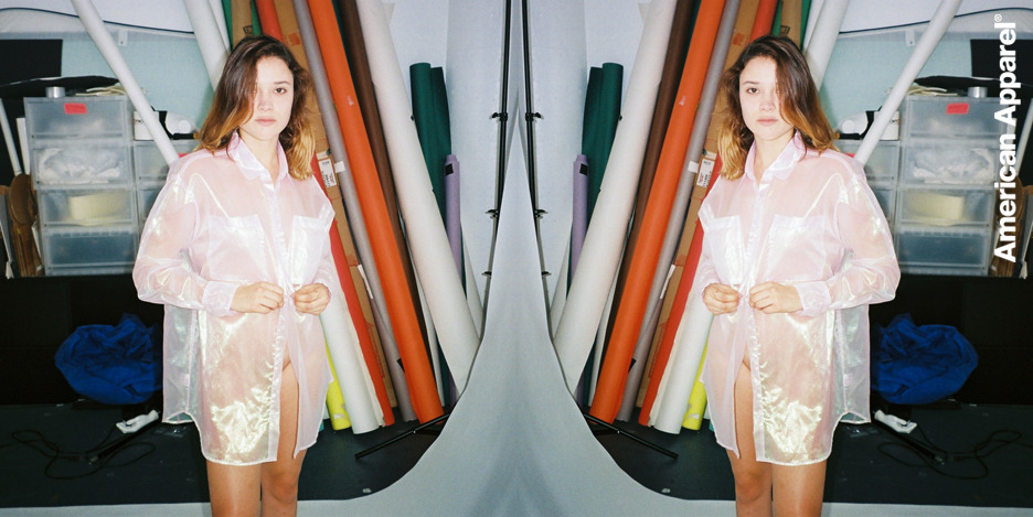 americanapparel:  Laureen wearing the Organdy Oversized Button-Up. Spring 2014.