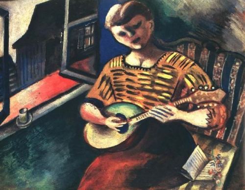 russian-avantgarde-art:Lisa with a Mandolin, 1914, Marc ChagallMedium: oil on cardboard