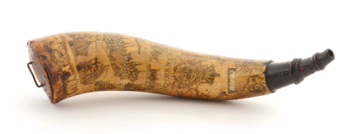 peashooter85:Scrimshawed gunpowder horn with map of New York, date 1790.from Morphy Auctions