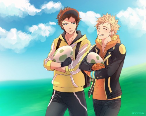 mmmaoh: 08.08.2016 - Today I drew Team Instinct trainer and Spark having a date walking their Pokemo
