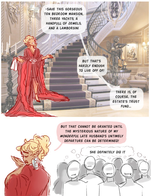 herbgerblin:[ID: First image is of Lup, an elven woman, standing at the top of a staircase. She has 
