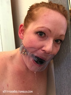 kittydenied:  Enjoying my clear panel gag until I’m needed again. Nice and humiliating… 