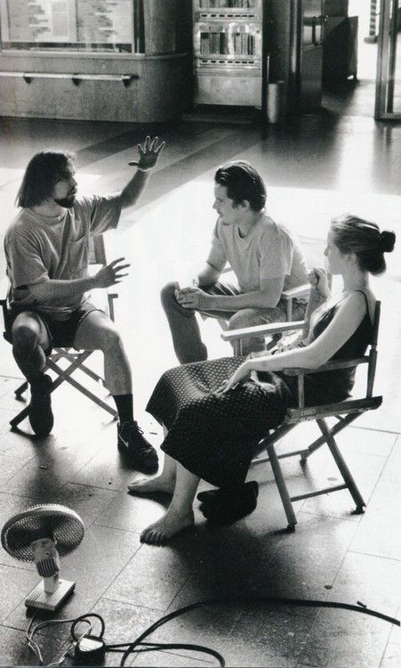 obsessedwithethanhawke:Richard Linklater, Ethan Hawke & Julie Delpy on the set of Before Sunrise