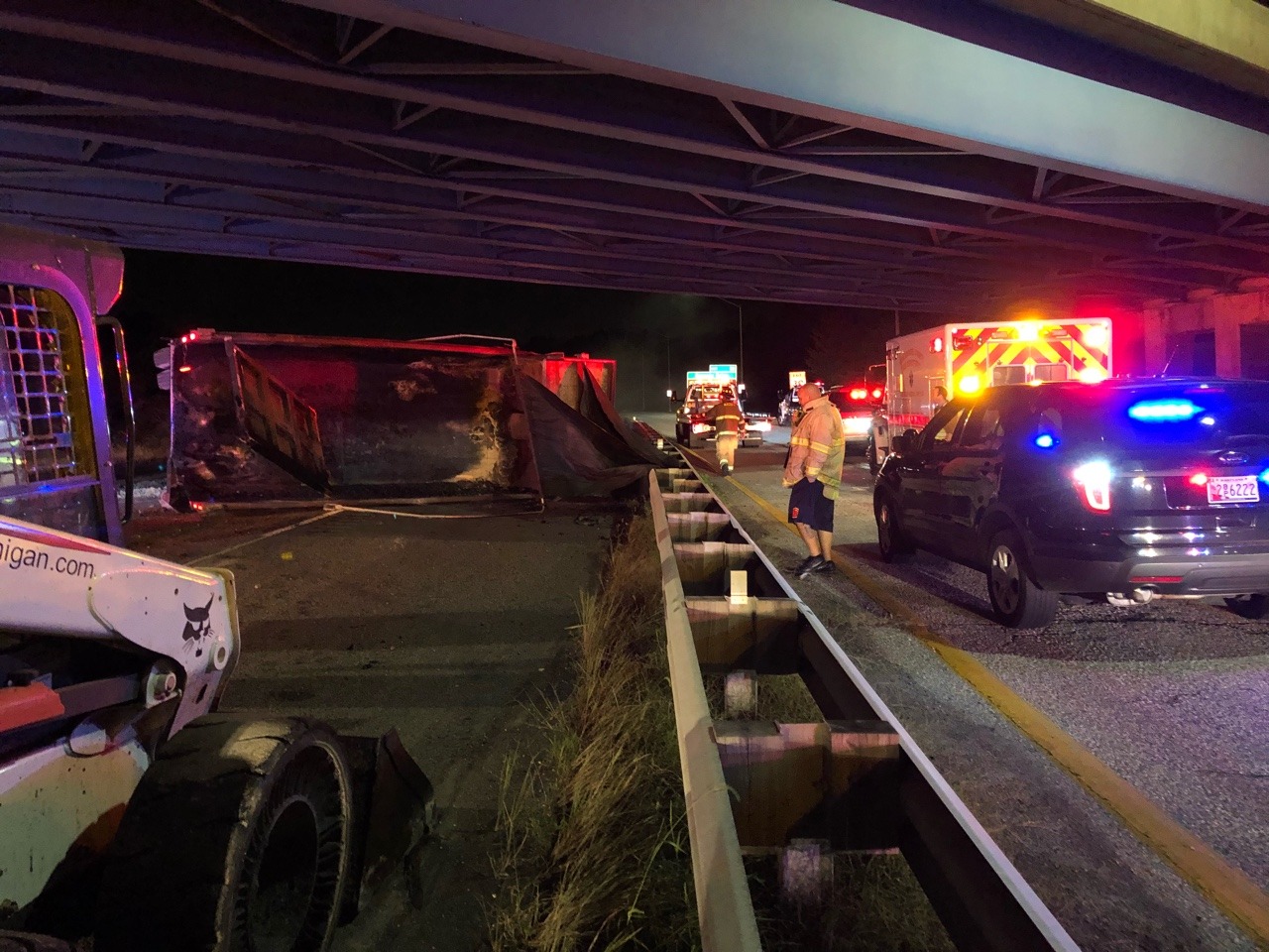 Dump truck left their bed up and hit a overhead bridge on my job last night 