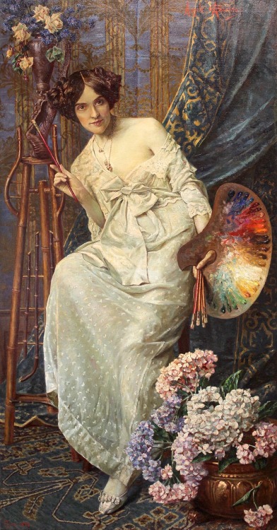 Miss Palette.1925.Oil on Canvas.186 x 95 cm ( 73.2 x 37.4 in.)Art by Angelo Garino.(1860-1945).