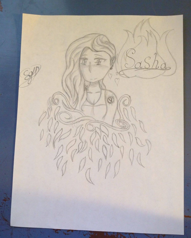 An old pencil drawing of the character Sasha from Aphmau. She's depicted in a tank top, and has a slight blush on her face. She has the letters S K on her shoulder, surrounded by a circle on fire. Below her chest there is vines curling around her, that then have flower petals drifting below them. Her name is written on the top right of the paper and underlined. Around her name is drawn cartoon fire.