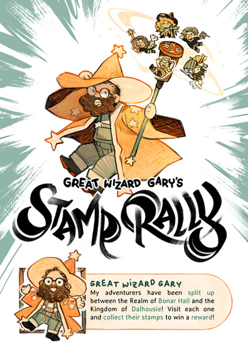 First out of four pages of a stamp rally card. A bearded wizard in a starry robe and dungarees looks surprised as a bunch of tiny adventurers swirl around his magical staff, seemingly in distress. The page is labeled "Great Wizard Gary's Stamp Rally." Underneath there is a stylised dialogue box with a label of "Great Wizard Gary" and simpliefied, cute version of the wizard. The text reads: "My adventurers have been split up between the Realm of Bonar Hall and the Kingdom of Dalhousie! Visit each one and collect their stamps to win a reward!"