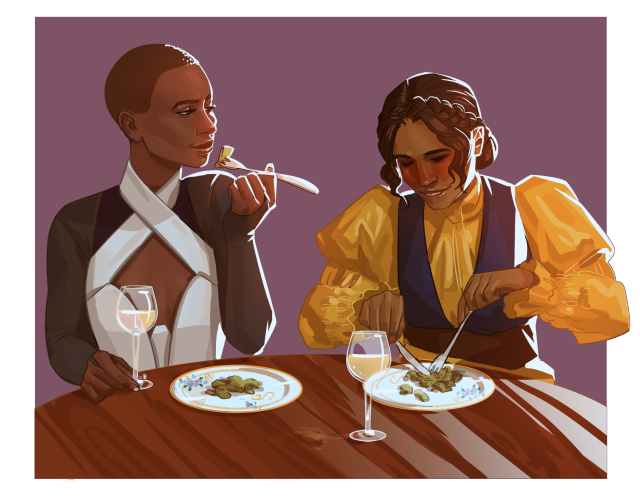Josephine and Vivienne are seated at a wooden table. They each have a glass of wine and a plate covered in artichoke leaves. Vivienne has a fork raised to her mouth, and is looking fondly at Josephine. Josephine is cutting into her artichoke, eyes closed and blushing.