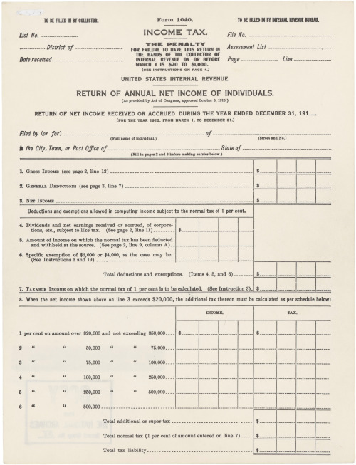 todaysdocument: Tax Day! 100 Years of Form 1040: Income Tax Form, 1913. Record Group 56, General R