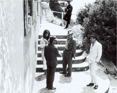 Giorgia Moll, Jean-Luc Godard, Fritz Lang &amp; Michel Piccoli on the set of Le Mépris.