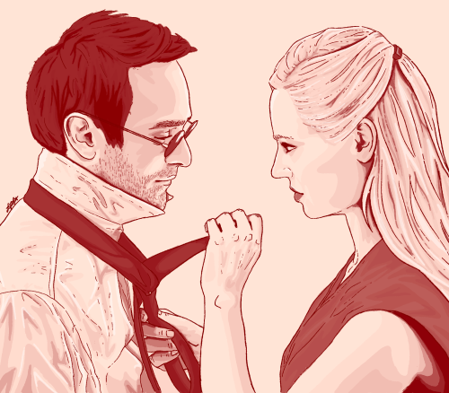a digital daredevil scene study sketch, in shades of red and pink, on a very pale pink background. depicts matt murdock on the left, and karen page on the right, both in profile. karen's hands are raised, and she is in the middle of tying Matt's tie for him.