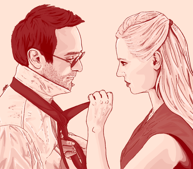 a digital daredevil scene study sketch, in shades of red and pink, on a very pale pink background. depicts matt murdock on the left, and karen page on the right, both in profile. karen's hands are raised, and she is in the middle of tying Matt's tie for him. 