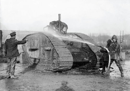 Members of the Chinese Labor Corps service a tank, date unknown