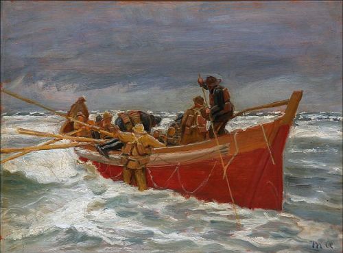 The red rescue boat on it’s way out [study] (1920) by Michael Ancher (Denmark, 1849-1927). 