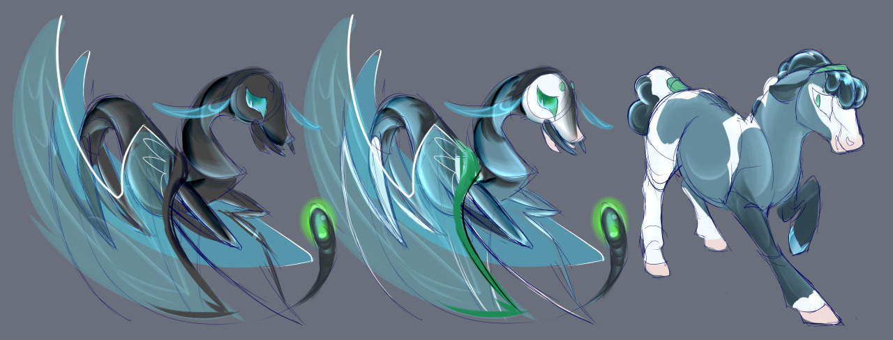 changeling color shifting. One one end is a pure black changeling, then he shifts some segments into a dark teal, while other segments such as his face are white. He casts the form-shifting illusion, and looks like a dark teal pony with white paint markings.