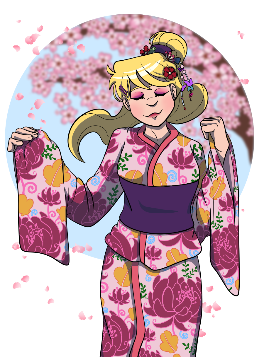 I wanted to draw Miranda in a cute yukata and then I spent all day working on it Dom is off to the side, blushing so hard he’