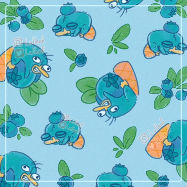 Digital drawing of a pattern of Perry the Platypus from Phineas and Ferb as a baby sleeping with a blueberry on his head and another of him as an adult platypus laying on a big blueberry. Repeating pattern of blue berries is mixed with the pattern of Perry's.