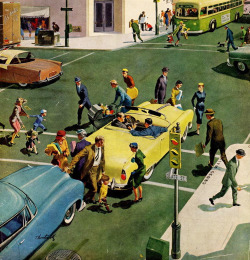 rogerwilkerson:  Blocking the Crosswalk by Thornton Utz.  Detail from Saturday Evening Post cover - September 17, 1955.