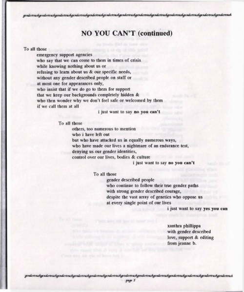 genderqueerpositivity:From the 1993 zine “Gendertrash From Hell #2”, here is a poem called “No You C