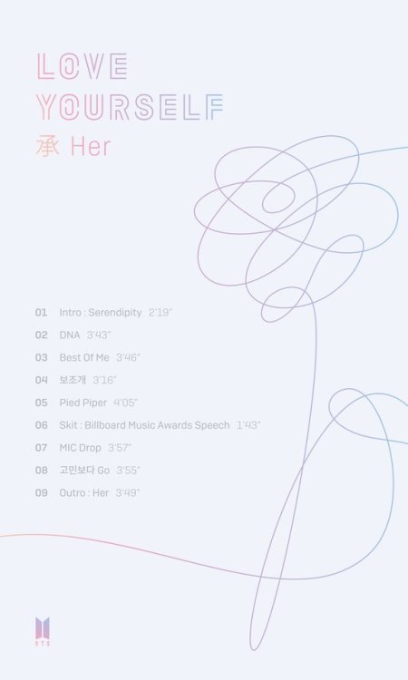 allforbts:170913 Big Hit Ent’s Tweet#BTS #방탄소년단 #LOVE_YOURSELF 承 ‘Her’ Tracklist[Tracklist Trans]: 0