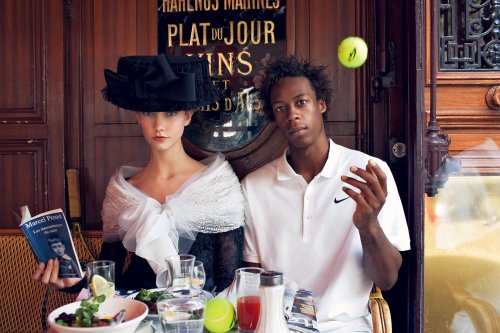 Karlie Kloss reading Proust with tennis star Gaël Monfils at the Brasserie Lipp in “French Open” for