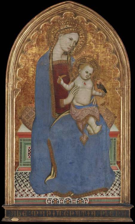 La Virgen y el Niño jungando con un jilguero y sujetando una espiga por Cecco di Pietro, 1379.