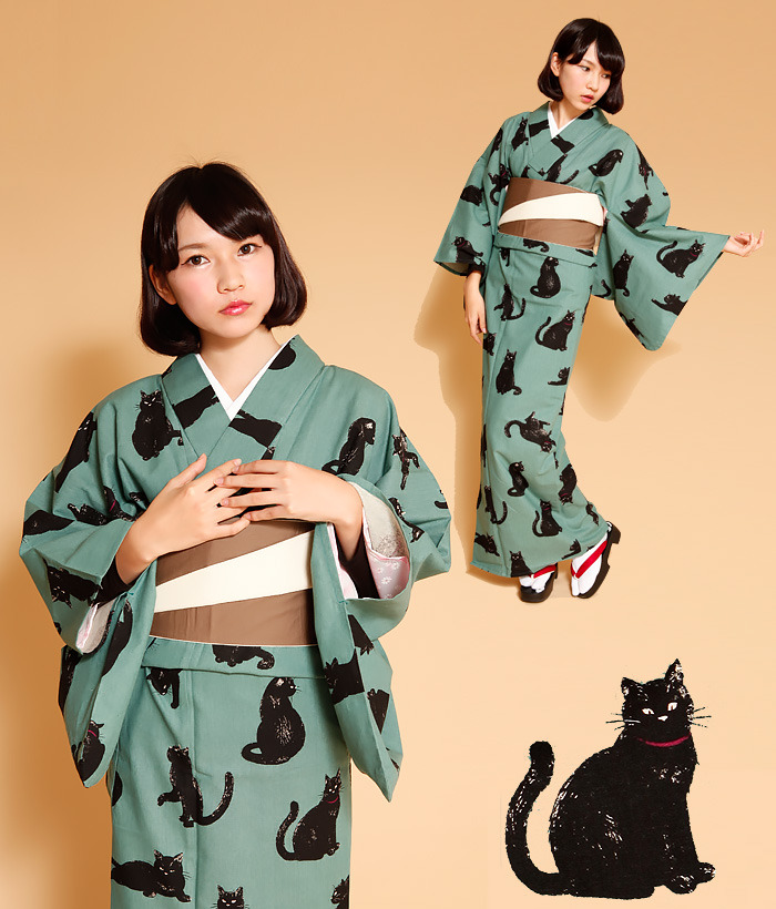 kimononagoya:Another great cat kimono here, paired with a soft neutral brown and