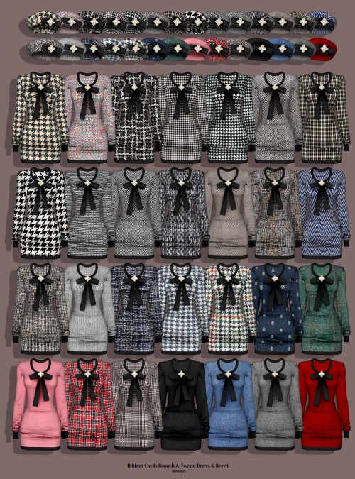  [RIMINGS] Ribbon Cucib Brooch & Tweed Dress & Beret - DRESS / HAT- NEW MESH- ALL LODS- NORM
