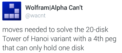 gods-oats: gods-oats: ryanandmath: One of my new favorite twitter accounts: Wolfram|Alpha Can’