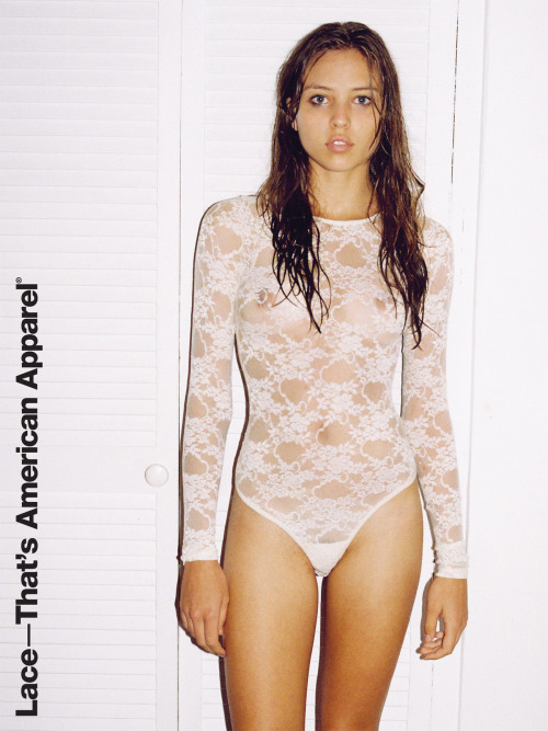 americanapparel:  The Stretch Floral Lace Long Sleeve Thong Bodysuit shot May 2011.