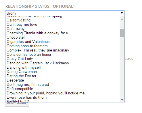 dumbass-bitch-disease:  imascoldasiceascoldasicecanbe: fano-tastic:  marshmellowtea:  high-metafive:  so i made and account on tv tropes and it asked for my relationship status i went over and was about to put in “single” or “it’s complicated”